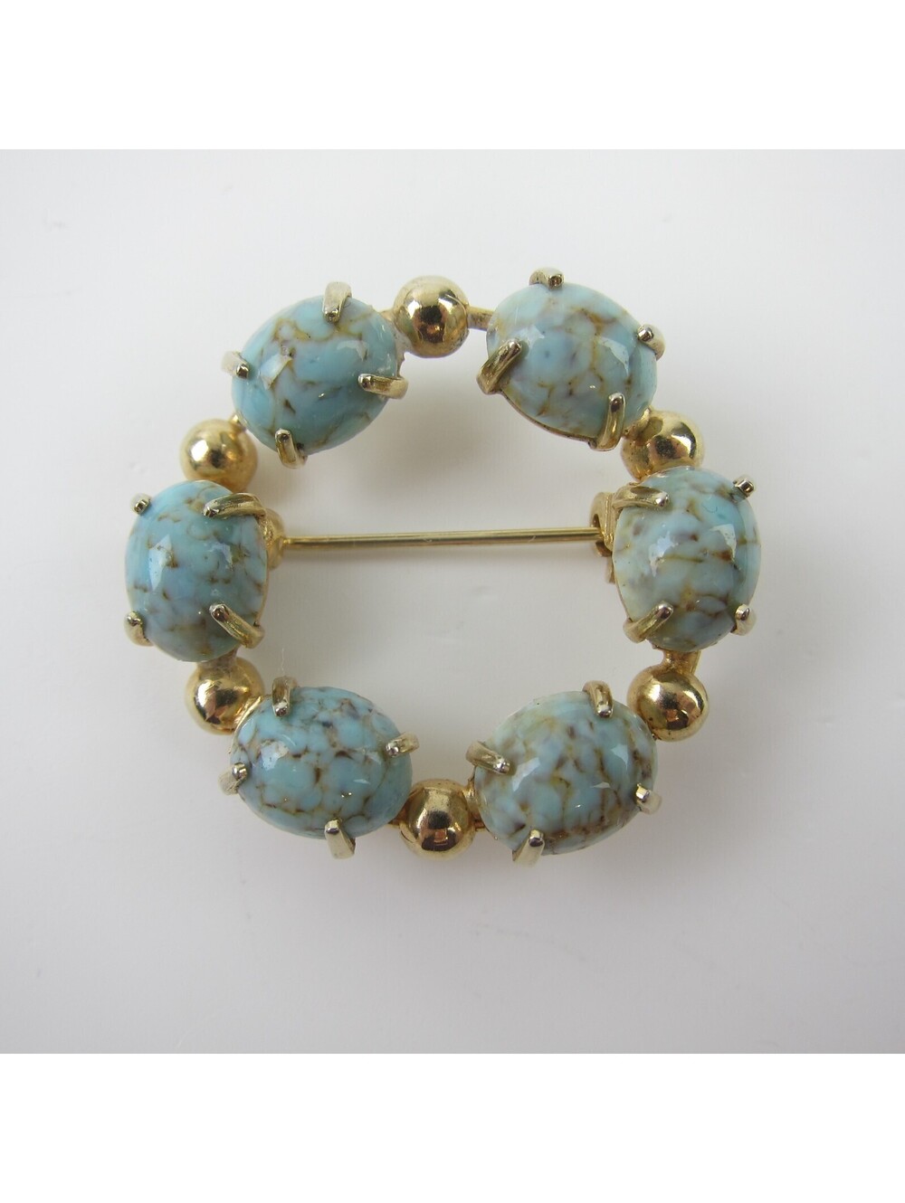 Vintage Faux Turquoise Cabochon & Gold tone Round Open Center Scarf Pin Brooch